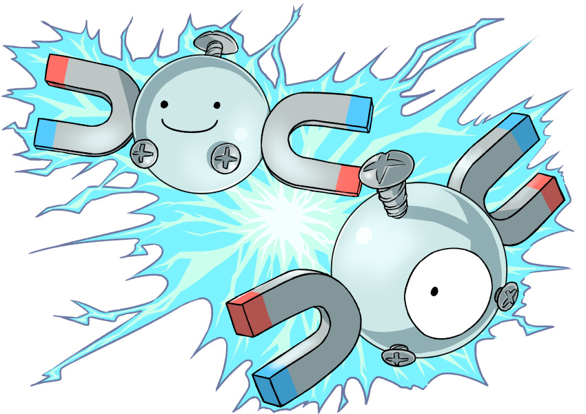 absurdres closed_mouth creature ditto electricity floating full_body gen_1_pokemon highres magnemite matsubara_hideyoshi no_humans one-eyed pokemon pokemon_(creature) screw simple_background smile transformed_ditto white_background