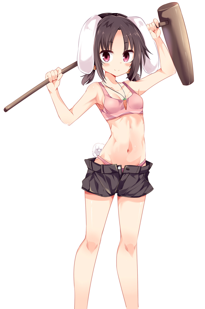 1girl animal_ears armpits bikini black_hair breasts bunny_tail carrot_necklace highres holding inaba_tewi kine looking_at_viewer mallet maturiuta_sorato navel pink_bikini pink_eyes rabbit_ears short_hair short_shorts shorts simple_background small_breasts smile solo standing stomach swimsuit tail touhou white_background