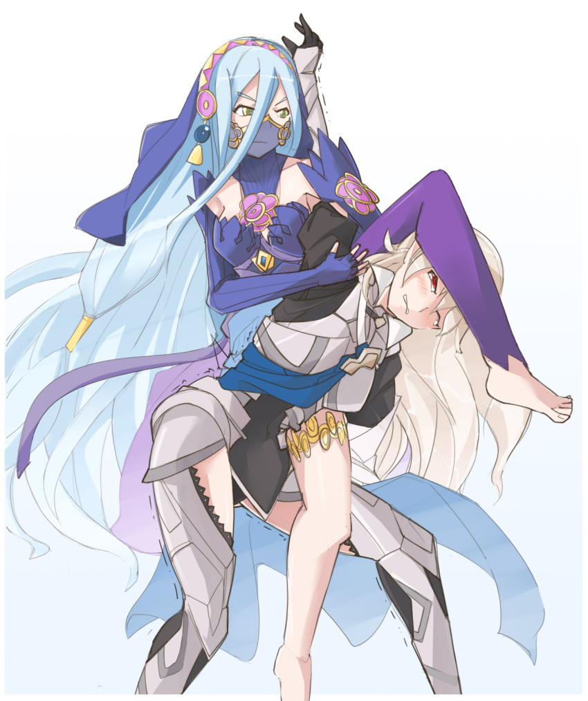 2girls aqua_(fire_emblem_if) armor bare_shoulders barefoot blue_hair blush cape dress female_my_unit_(fire_emblem_if) fire_emblem fire_emblem_heroes fire_emblem_if gloves hair_between_eyes hair_ornament hairband highres jaegan long_hair mamkute multiple_girls my_unit_(fire_emblem_if) pointy_ears silver_hair simple_background smile submission_hold veil white_hair wrestling yellow_eyes