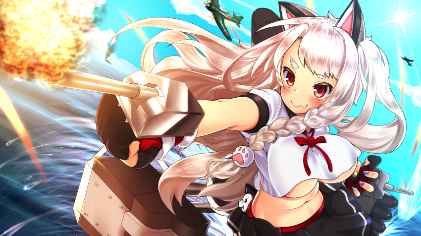 1girl animal_ears aruto_(shake_onigiri) azur_lane black_gloves black_skirt blue_sky blush braid breasts clenched_hand closed_mouth crop_top crop_top_overhang day explosion fake_animal_ears fang_out fingerless_gloves fire firing gloves highres large_breasts long_hair nail_polish navel ocean outstretched_arm red_eyes red_ribbon ribbon rigging shiny shiny_hair single_braid skirt sky smile solo stuffed_animal stuffed_toy stuffed_wolf torpedo_tubes under_boob very_long_hair water white_hair yuudachi_(azur_lane)