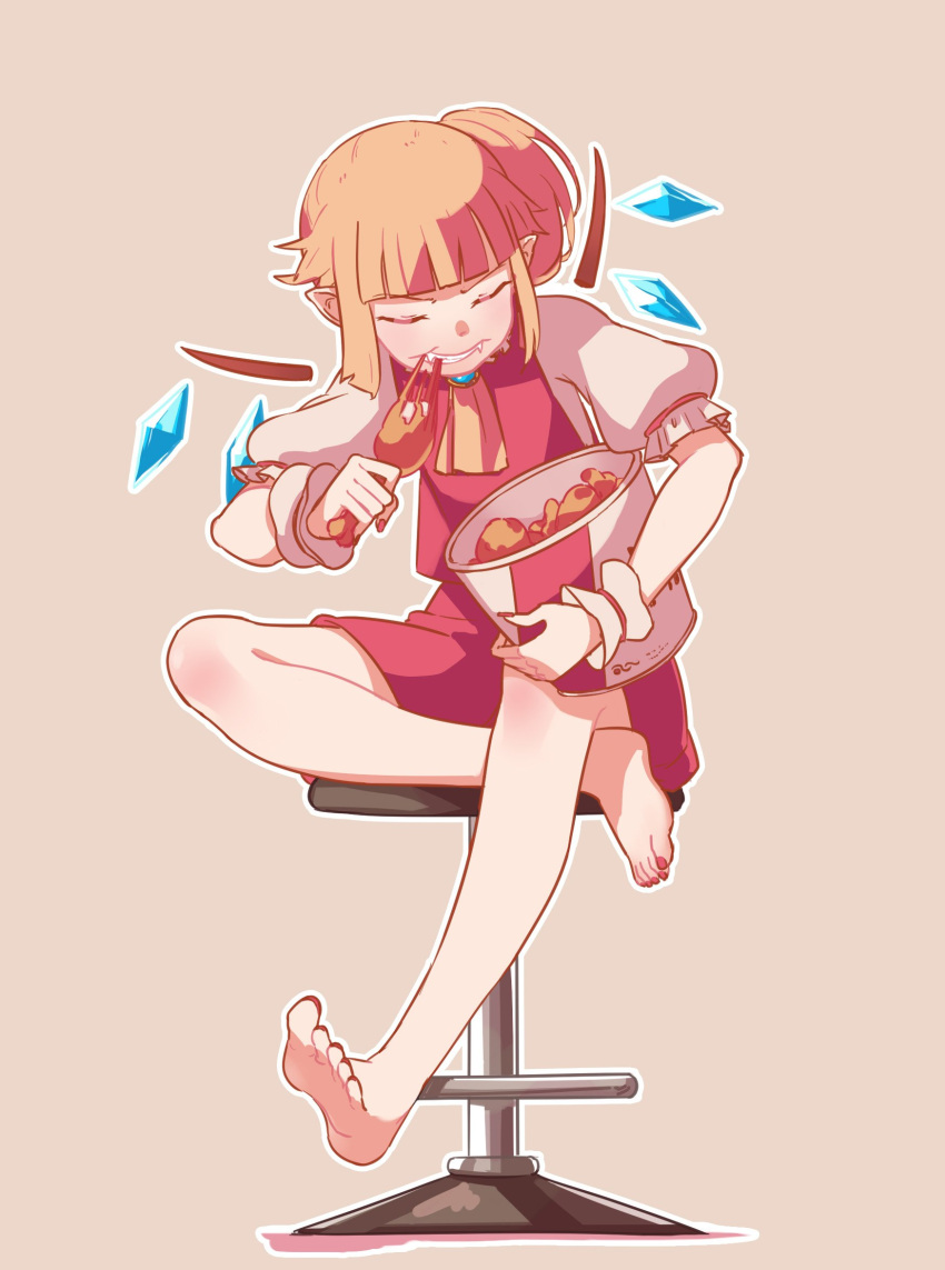 1girl ascot bangs bar_stool barefoot blonde_hair blunt_bangs brooch bucket closed_eyes commentary eating eyebrows_visible_through_hair fangs flandre_scarlet fried_chicken highres jewelry nail_polish no_hat no_headwear pointy_ears puffy_short_sleeves puffy_sleeves short_sleeves side_ponytail simple_background sitting skirt skirt_set solo stool touhou wings wrist_cuffs yoruny