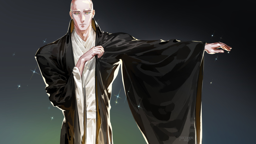 1boy adjusting_clothes artist_name bald closed_mouth highres houseki_no_kuni jane_mere japanese_clothes kesa kongou_sensei long_sleeves male_focus monk open_eyes outstretched_arm pale_skin robe simple_background solo sparkle upper_body wide_sleeves yellow_eyes