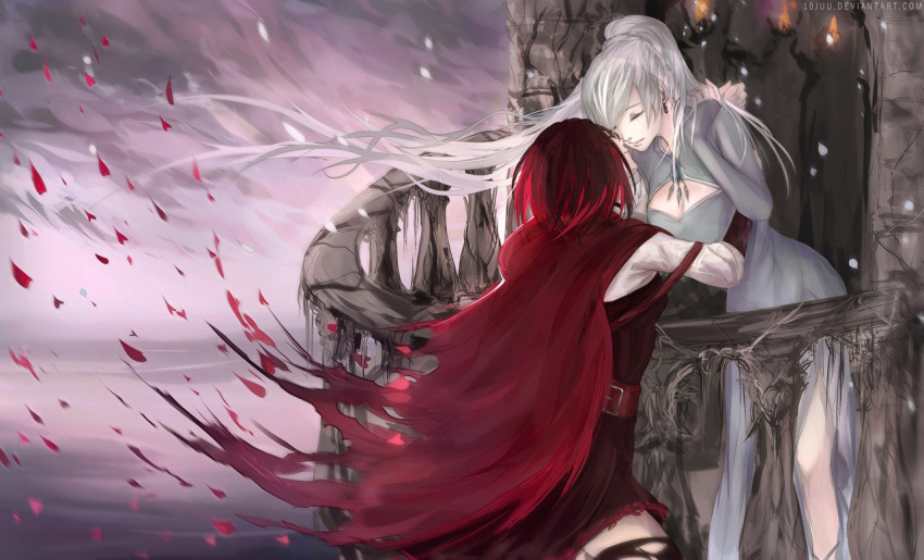 10juu 2girls belt breasts cape cleavage closed_eyes dusk flower imminent_kiss long_hair multiple_girls petals redhead rose ruby_(vocaloid) rwby sleeves_past_wrists speedpaint thigh-highs thighs torn_cape torn_clothes torn_thighhighs tower weiss_schnee white_hair yuri