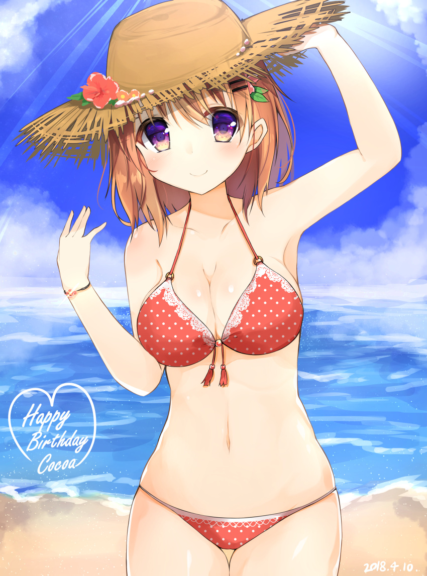 1girl absurdres arm_up armpits bare_arms bare_shoulders beach bikini blue_sky blush breasts brown_hair brown_hat character_name cleavage closed_mouth clouds collarbone cowboy_shot dated day flower gochuumon_wa_usagi_desu_ka? hair_ornament hairclip hand_on_headwear happy_birthday hat hat_flower heart hibiscus highres horizon hoto_cocoa leaf_hair_ornament light_rays maru_usagi_(maruusagi22) medium_breasts multicolored multicolored_clothes multicolored_skirt navel ocean polka_dot polka_dot_bikini red_bikini shiny shiny_skin shore short_hair skirt sky smile solo standing stomach straw_hat sunbeam sunlight swimsuit tareme tassel thigh_gap thighs violet_eyes water wristband yellow_eyes