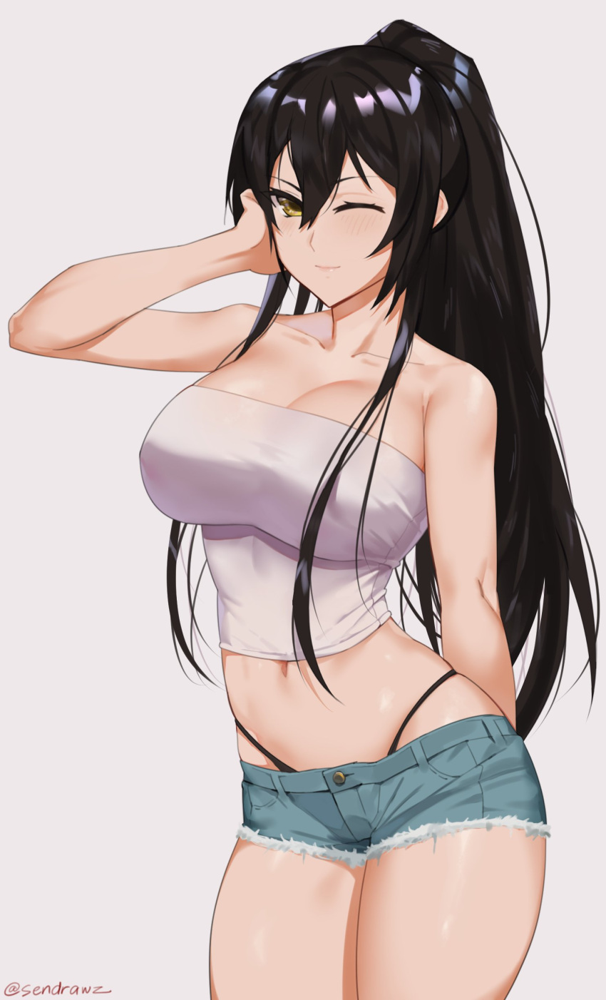 1girl absurdres arm_behind_back bare_shoulders black_hair black_panties blush breasts cleavage closed_mouth collarbone commentary_request grey_background hair_between_eyes hand_on_own_cheek highres idolmaster idolmaster_shiny_colors large_breasts long_hair looking_at_viewer midriff navel one_eye_closed panties ponytail sendrawz shiny shiny_hair shirase_sakuya shirt simple_background skindentation smile solo strapless thong tubetop twitter_username underwear yellow_eyes