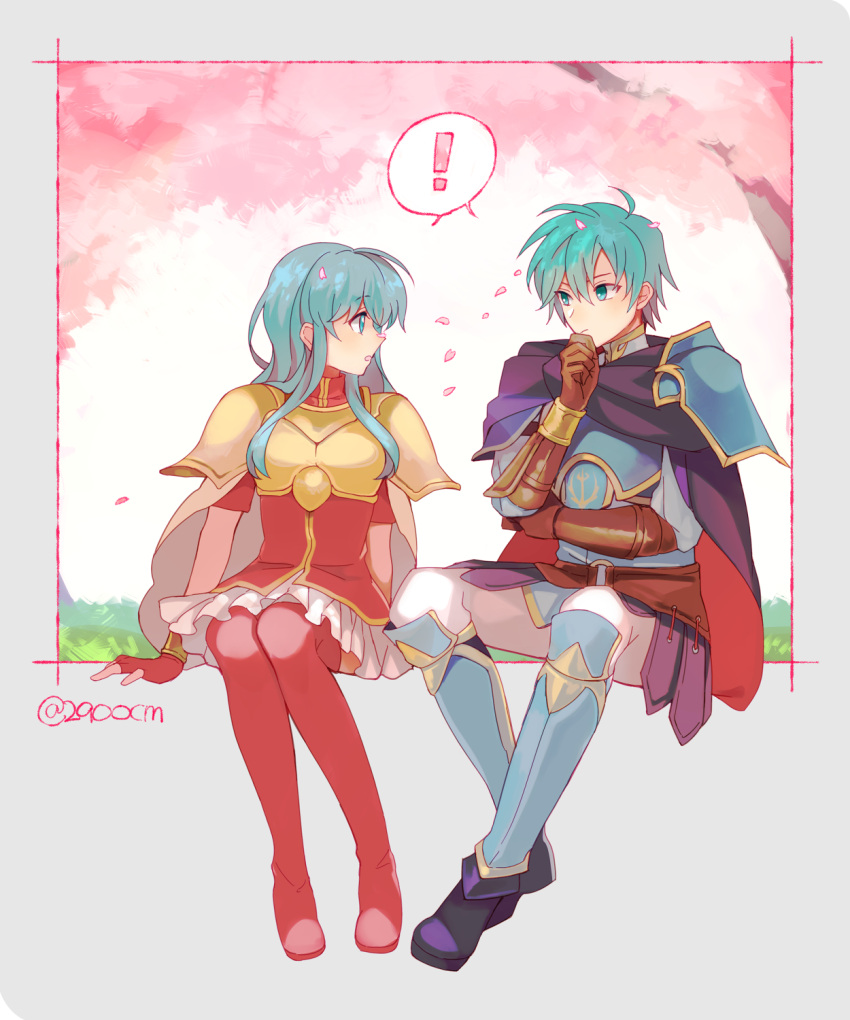 1boy 1girl 2900cm armor blue_hair breastplate cape eirika ephraim fingerless_gloves fire_emblem fire_emblem:_seima_no_kouseki gloves green_eyes highres long_hair pauldrons siblings skirt thigh-highs twins