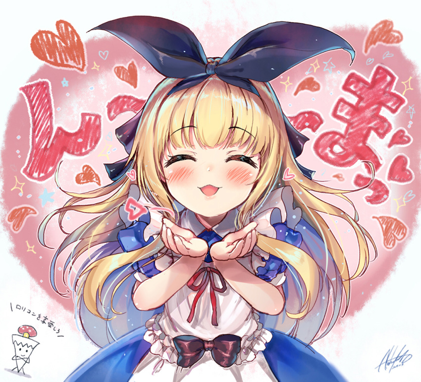 1girl :d ^_^ akabane_(zebrasmise) apron bangs black_ribbon blonde_hair blown_kiss blue_dress blush closed_eyes collared_dress commentary_request dress eyebrows_visible_through_hair facing_viewer fingernails hair_ribbon hands_up heart long_hair maid_apron mononobe_alice nijisanji open_mouth puffy_short_sleeves puffy_sleeves red_ribbon ribbon short_sleeves signature smile solo sparkle translation_request very_long_hair virtual_youtuber white_apron