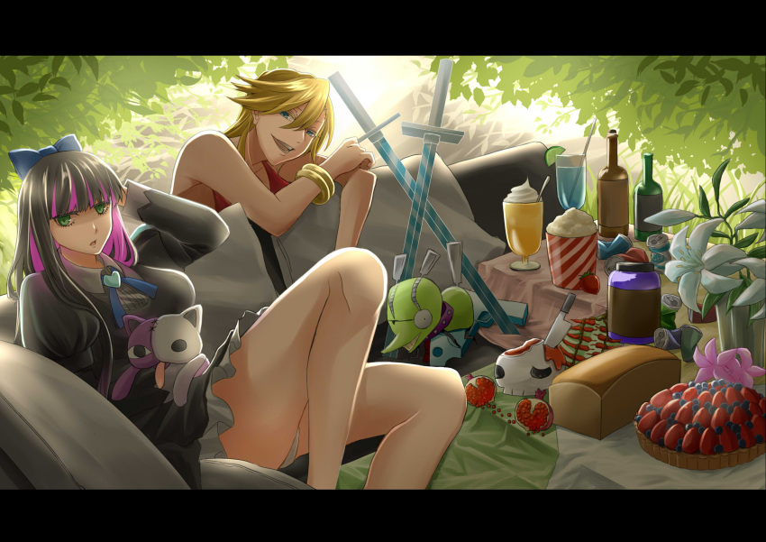 absurdres artist_request blonde_hair blue_hair bracelet bread breasts character_request couch drink drunk food forest gothic hand_behind_head highres jewelry knife large_breasts looking_at_viewer nature panties panty_&amp;_stocking_with_garterbelt panty_(psg) pantyshot pantyshot_(sitting) short_hair sitting stocking_(psg) sweets sword table tagme underwear weapon
