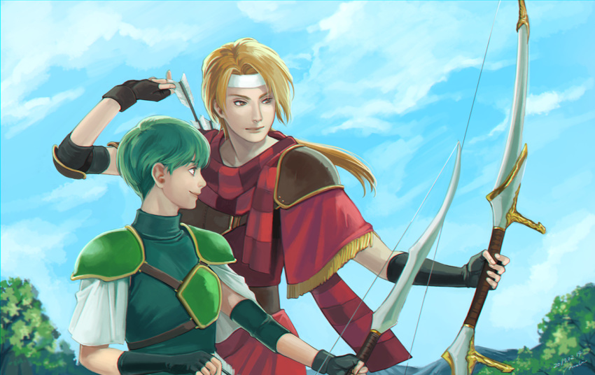 2boys annelie arrow artist_name blonde_hair bow_(weapon) brown_eyes dated fingerless_gloves fire_emblem fire_emblem:_mystery_of_the_emblem gloves gordon_(fire_emblem) green_eyes green_hair headband jeorge_(fire_emblem) leaf low_ponytail male_focus multiple_boys quiver scarf sky tree weapon