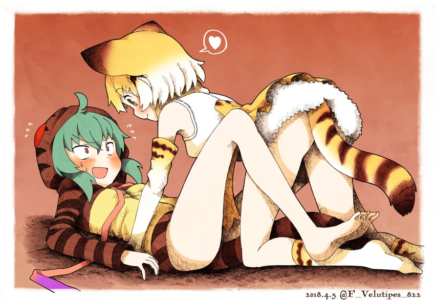 2girls animal_ears bare_legs bare_shoulders barefoot blonde_hair blue_hair blush cat_ears cat_tail commentary_request elbow_gloves enk_0822 eyebrows_visible_through_hair flying_sweatdrops gloves heart highres hood hoodie kemono_friends long_sleeves lying multicolored_hair multiple_girls neck_ribbon no_shoes on_back ribbon sand_cat_(kemono_friends) short_hair skirt snake_tail socks sweatdrop tail tsuchinoko_(kemono_friends) vest yuri