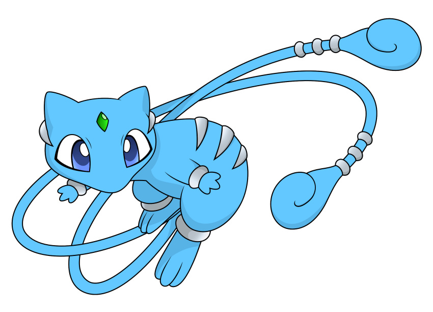 alternate_color commentary creature fake_pokemon fakemon floating forehead_jewel full_body gem gen_1_pokemon highres mega_pokemon mew multiple_tails no_humans original pokemon pokemon_(creature) reitanna-seishin shiny_pokemon solo striped tail transparent_background