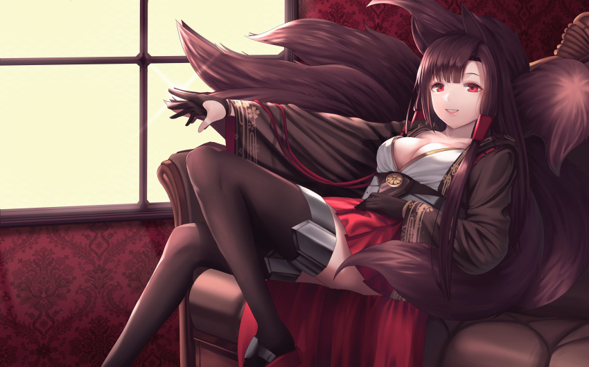 1girl absurdres akagi_(azur_lane) animal_ears asymmetrical_bangs azur_lane bangs black_gloves black_legwear breasts brown_hair cleavage couch feet_out_of_frame fox_ears fox_tail gloves goback hand_on_own_stomach highres indoors japanese_clothes kimono kitsune leaning_back long_hair long_sleeves looking_at_viewer medium_breasts miniskirt multiple_tails obi on_couch open_clothes outstretched_arm parted_lips partly_fingerless_gloves pleated_skirt red_eyes red_skirt sash sidelocks sitting skirt smile solo tail thigh-highs very_long_hair white_kimono wide_sleeves window zettai_ryouiki