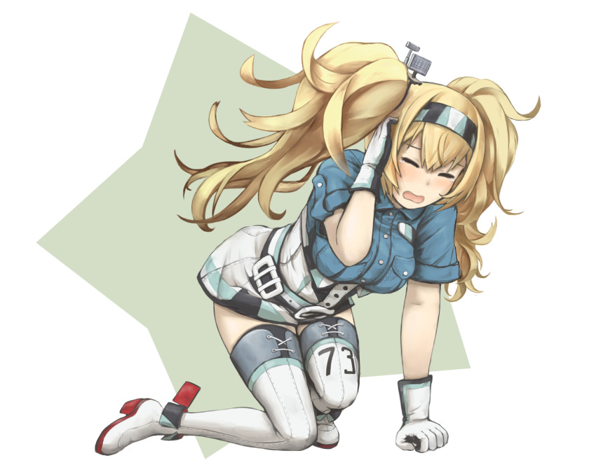 1girl all_fours belt blonde_hair blue_shirt breast_pocket breasts closed_eyes collared_shirt gambier_bay_(kantai_collection) gloves hair_between_eyes hairband hand_on_head kantai_collection large_breasts long_hair miyasutou open_mouth pocket shirt short_sleeves shorts solo tears thigh-highs twintails white_legwear