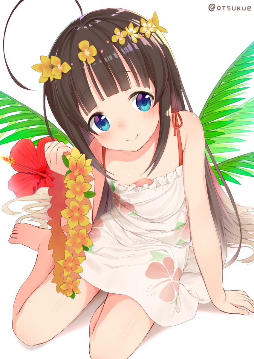 1girl ahoge barefoot blue_eyes blush breasts brown_hair cleavage closed_mouth dress dx_(dekusu) eyebrows_visible_through_hair floral_print flower hair_down head_wreath highres hinatsuru_ai long_hair looking_to_the_side print_dress ryuuou_no_oshigoto! simple_background sitting small_breasts smile solo twitter_username white_background white_dress