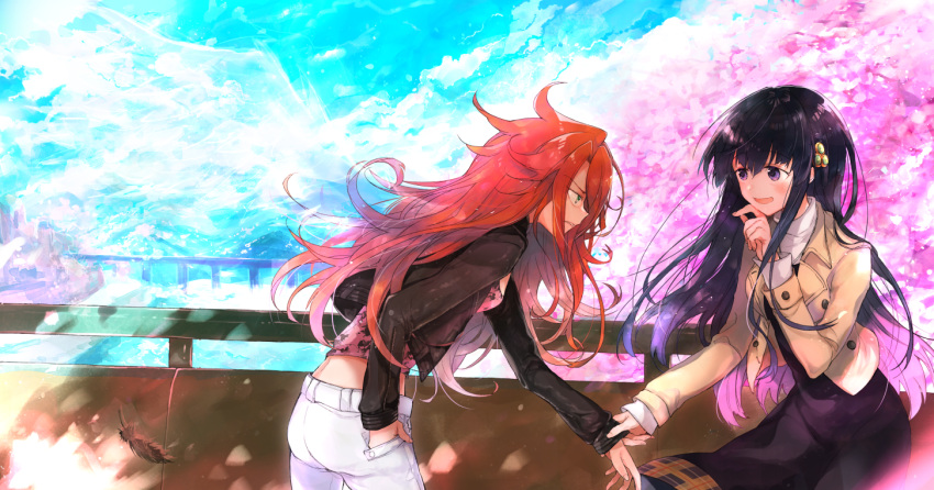 2girls :d black_hair blush dress feathers green_eyes hair_ornament hand_in_pocket kugui_machi long_hair messy_hair multiple_girls open_mouth pants profile purple_hair redhead ryuuou_no_oshigoto! sanomi_yaha sharp_teeth sleeve_tug smile teeth tree tsukiyomizaka_ryou violet_eyes white_pants