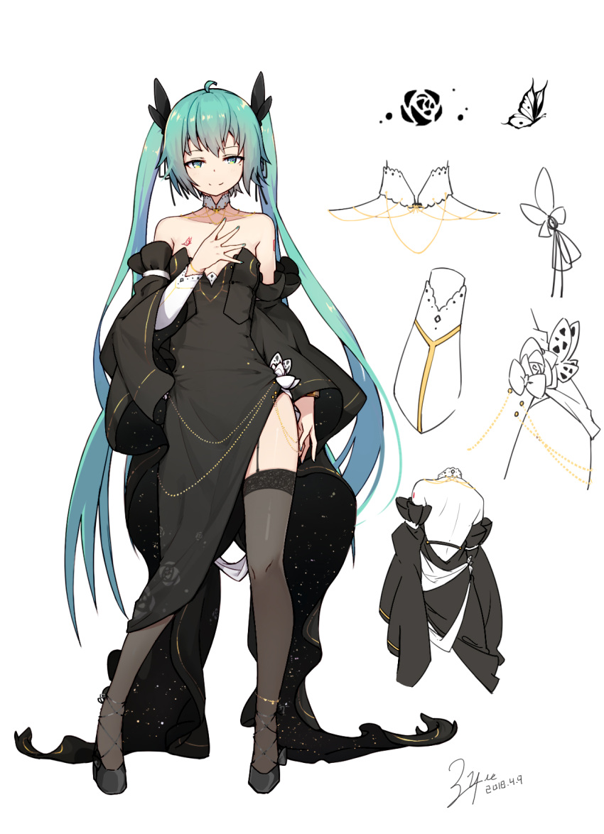 1girl backless_outfit black_dress black_legwear dated detached_sleeves dress full_body garter_straps green_eyes green_hair hatsune_miku highres lace lace-trimmed_thighhighs long_hair nail_polish simple_background solo strapless strapless_dress thigh-highs twintails very_long_hair vocaloid white_background zhayin-san