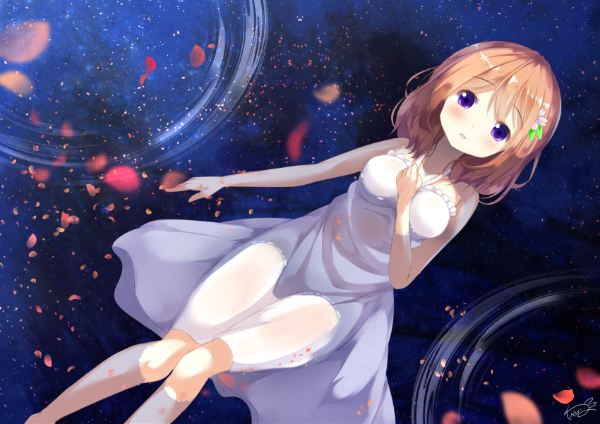 1girl bangs bare_arms bare_shoulders blurry blurry_foreground blush breasts chinomaron closed_eyes collarbone commentary_request depth_of_field dress dutch_angle gochuumon_wa_usagi_desu_ka? hair_ornament hairclip halterneck highres hoto_cocoa light_brown_hair lying medium_breasts on_back parted_lips partially_submerged petals petals_on_water signature sleeveless sleeveless_dress solo violet_eyes water white_dress