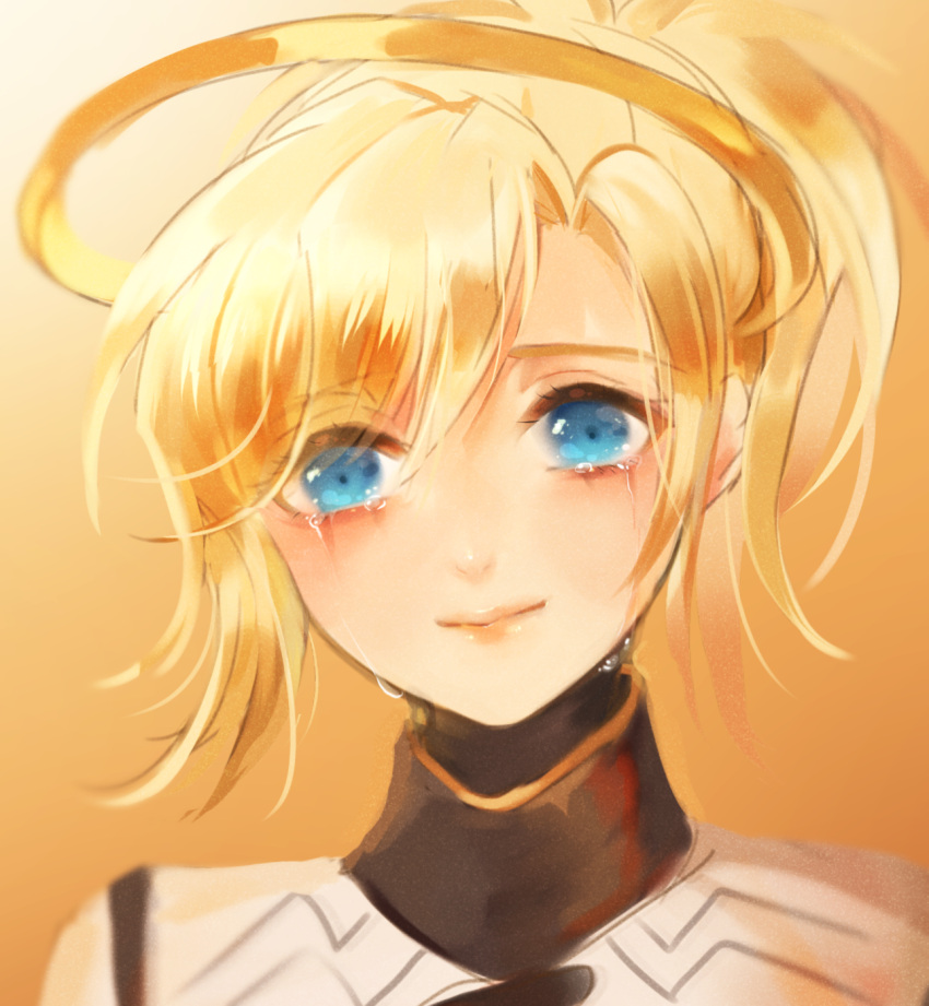 1girl atobesakunolove blonde_hair blue_eyes closed_mouth commentary_request crying crying_with_eyes_open eyebrows_visible_through_hair halo highres looking_at_viewer mercy_(overwatch) orange_background overwatch ponytail portrait smile solo tears