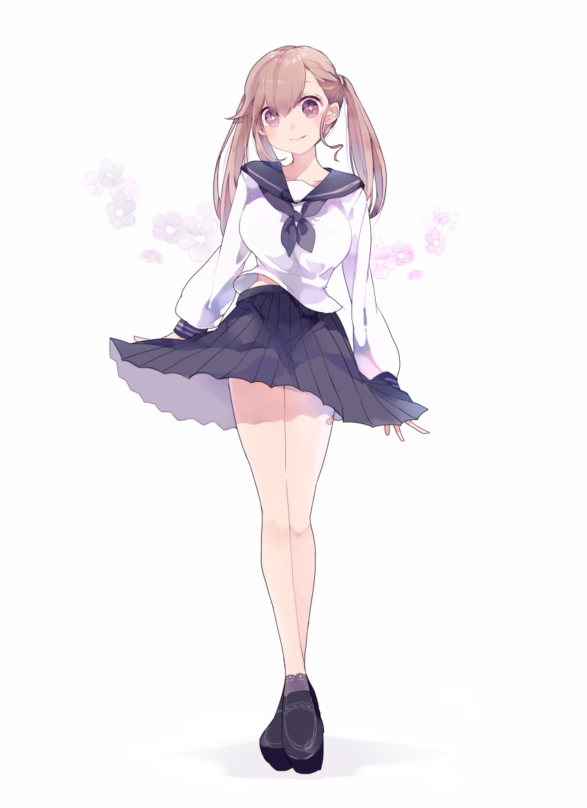+_+ 1girl absurdres arms_at_sides bangs black_footwear brown_eyes brown_hair chon_(chon33v) commentary_request floral_background full_body highres legs_crossed long_sleeves looking_at_viewer navy_blue_skirt neckerchief original pleated_skirt school_uniform serafuku shoes skirt smile solo twintails watson_cross white_background