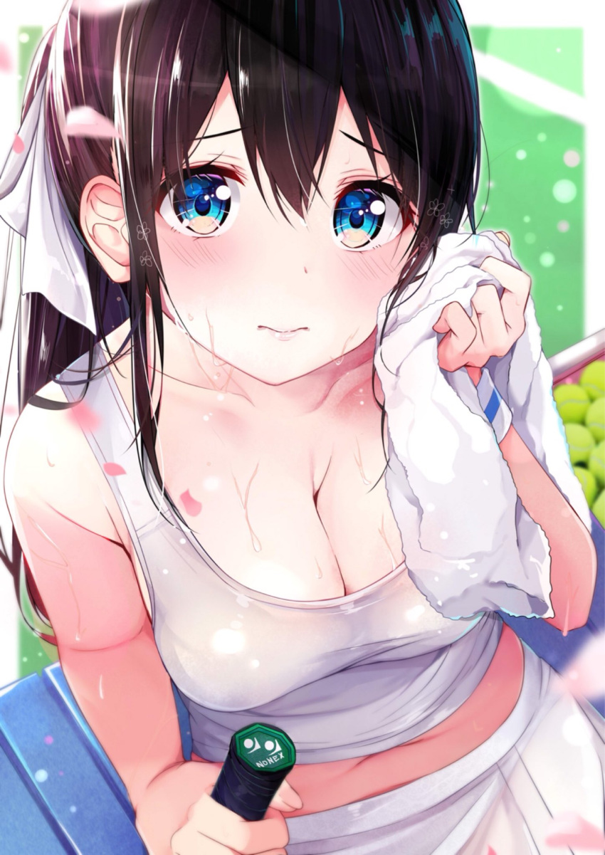 1girl 3: ball bangs black_hair blue_eyes blurry blurry_background blush bow breasts cleavage closed_mouth collarbone day depth_of_field drying dutch_angle embarrassed eyebrows_visible_through_hair hair_between_eyes hair_bow highres holding lens_flare light_frown lips long_hair looking_at_viewer medium_breasts navel original outdoors petals ponytail racket raised_eyebrows rouka_(akatyann) shiny shiny_hair shiny_skin sitting solo solo_focus sportswear sweat sweating tareme tennis tennis_ball tennis_racket tennis_uniform towel wiping_sweat