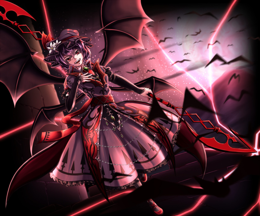 alternate_costume alternate_wings bat bat_wings blue_hair commentary_request fang fangs hand_on_own_chest highres holding holding_staff looking_at_viewer moon mountain multiple_wings red_eyes red_moon remilia_scarlet shimomu_(shimom2) short_hair staff touhou wings