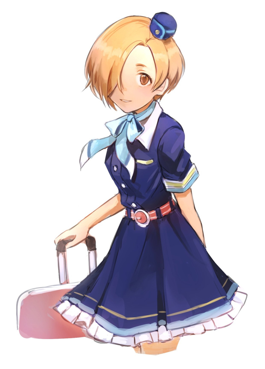 1girl aqua_bow arm_behind_back belt blonde_hair blue_dress blue_hat bow brown_eyes buttons collared_dress cowboy_shot dress flight_attendant frilled_dress frills from_side garrison_cap hair_over_one_eye hat highres holding idolmaster idolmaster_cinderella_girls idolmaster_cinderella_girls_starlight_stage leaning_forward light_smile looking_at_viewer namunamu_(kkyyao) neck_bow no_earrings red_belt shirasaka_koume short_eyebrows short_hair short_sleeves simple_background solo standing stewardess suitcase tareme white_background