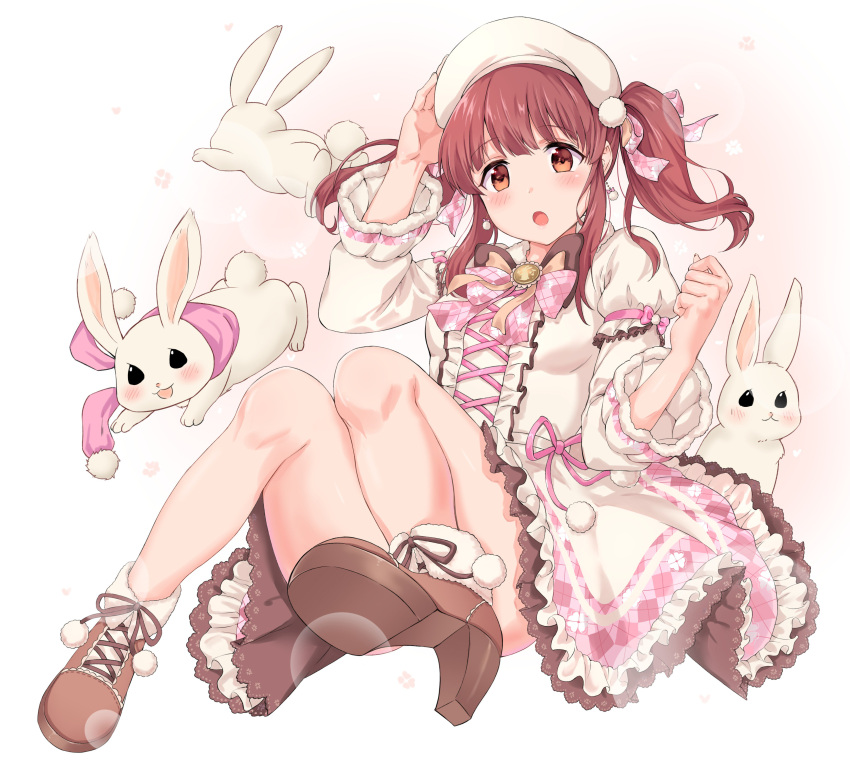 absurdres beige_dress bow brown_eyes brown_footwear brown_hair clover earrings four-leaf_clover frilled_skirt frills hat highres idolmaster idolmaster_cinderella_girls idolmaster_cinderella_girls_starlight_stage jewelry looking_at_viewer ogata_chieri open_mouth pink_background pink_bow pom_pom_(clothes) puffy_sleeves ribbon-trimmed_clothes ribbon_trim simple_background sirurabbit skirt solo twintails