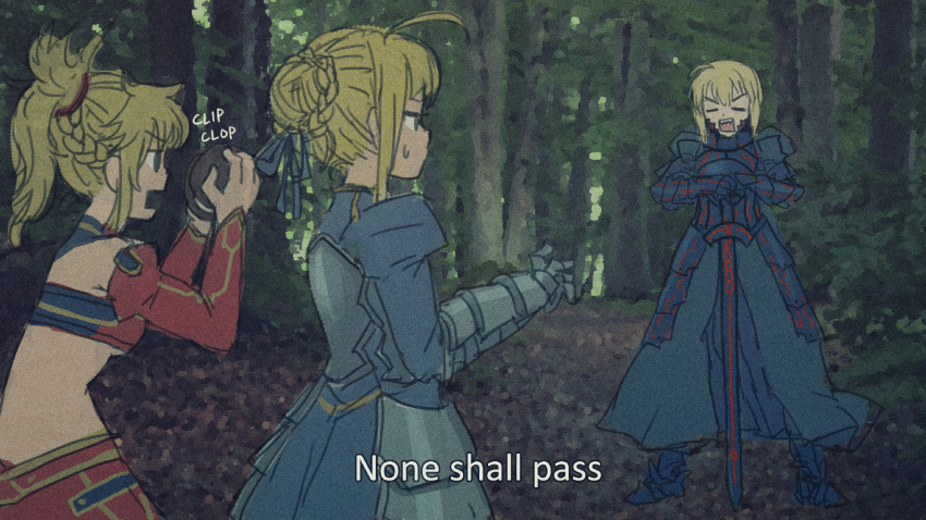 3girls ahoge armor armored_dress artoria_pendragon_(all) blonde_hair bow braid coconut cyp_tw fate/apocrypha fate_(series) forest hair_bow hair_bun highres monty_python mordred_(fate) mordred_(fate)_(all) multiple_girls nature parody ponytail rectangular_mouth saber saber_alter short_hair subtitled sweatdrop sword weapon