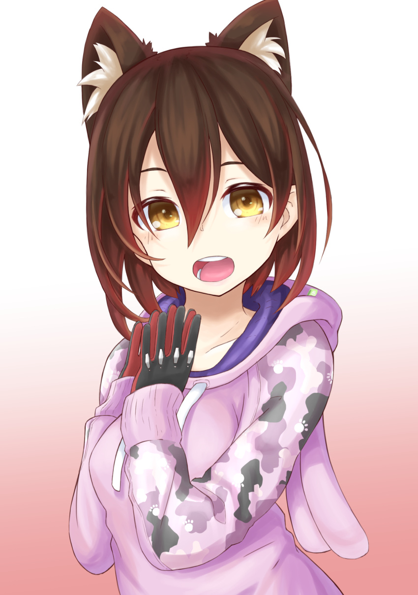 animal_ears blush breasts brown_hair camouflage_hoodie collarbone hands_together highres kemonomimi_mode looking_at_viewer mechanical_arm mechanical_hands medium_breasts open_mouth paw_print_pattern pink_hoodie roboco-san roboco_ch. semi_colon teeth virtual_youtuber yellow_eyes