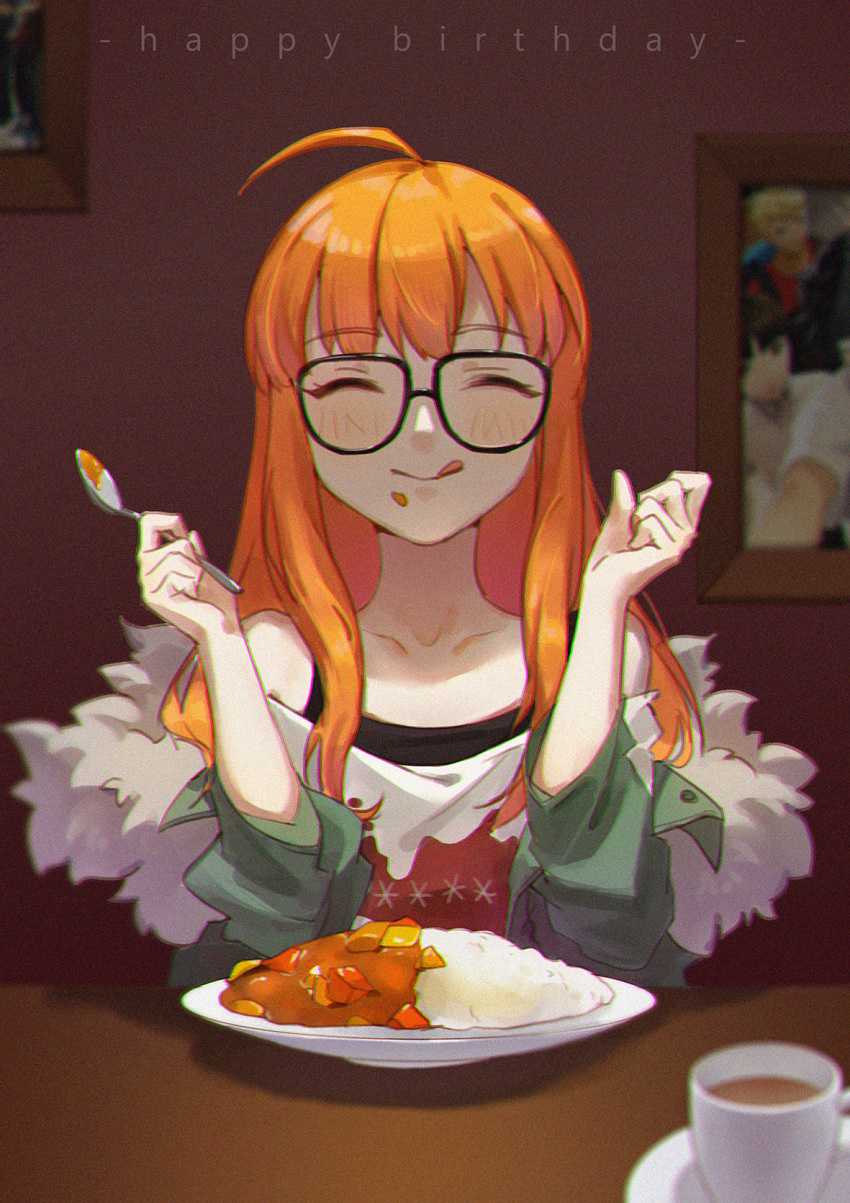 1girl :q ^_^ ahoge bangs bare_shoulders black-framed_eyewear blush chromatic_aberration closed_eyes closed_mouth collarbone cup curry curry_rice eating eyebrows_visible_through_hair facing_viewer food food_on_face fur-trimmed_jacket fur_trim glasses green_jacket happy happy_birthday highres holding holding_spoon indoors jacket long_hair long_sleeves off_shoulder open_clothes open_jacket orange_hair persona persona_5 picture_(object) picture_frame print_shirt rice sakura_futaba shiny shiny_hair shirt smile smile_(mm-l) solo table tea teacup tongue tongue_out upper_body white_shirt