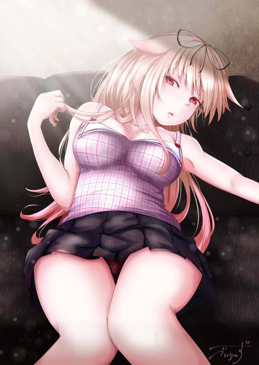 1girl alternate_costume armpits baileys_(tranquillity650) bangs black_ribbon black_skirt blonde_hair blush breasts cleavage collarbone couch eyebrows_visible_through_hair gradient_hair hair_flaps hair_ornament hair_ribbon half-closed_eyes head_tilt highres holding holding_hair kantai_collection knees_together_feet_apart lingerie long_hair looking_at_viewer lying medium_breasts messy_hair miniskirt multicolored_hair open_mouth panties pantyshot pantyshot_(lying) pleated_skirt red_eyes red_panties remodel_(kantai_collection) ribbon sidelocks signature skirt solo tank_top thighs underwear very_long_hair yuudachi_(kantai_collection)