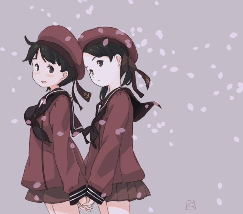 2girls anchor_symbol bangs beret black_hair black_neckwear black_ribbon brown_hat brown_sailor_collar brown_serafuku brown_shirt brown_shorts brown_skirt eyebrows_visible_through_hair grey_background hair_ribbon hand_holding hat head_tilt interlocked_fingers kantai_collection kokudou_juunigou long_sleeves looking_at_viewer looking_to_the_side mikuma_(kantai_collection) mogami_(kantai_collection) multiple_girls neckerchief petals pleated_skirt ribbon sailor_collar school_uniform serafuku shirt short_hair short_shorts short_twintails shorts signature simple_background skirt twintails