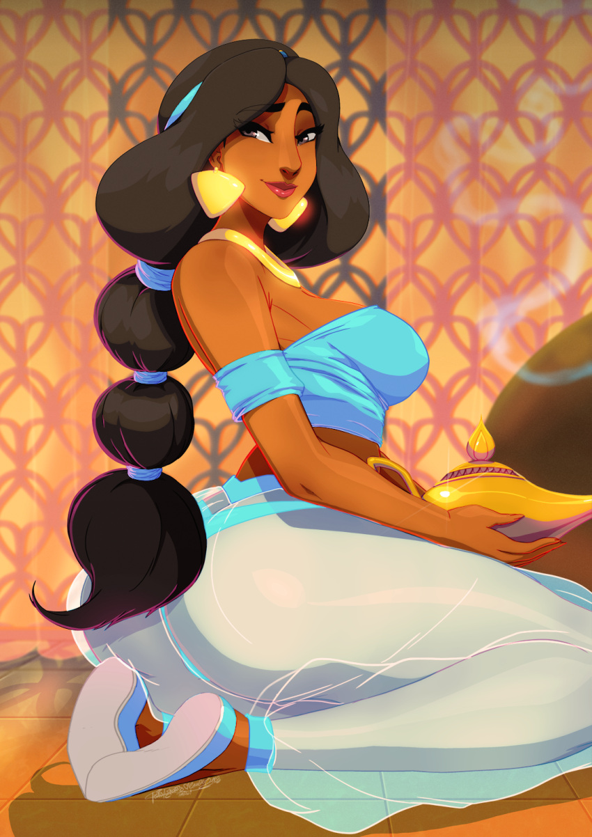 1girl aladdin_(disney) arabian_clothes arched_back ass baggy_pants bare_shoulders black_hair breasts brown_eyes closed_mouth crop_top dark_skin earrings from_side full_body harem_outfit highres holding jasmine_(disney) jewelry lips long_hair looking_at_viewer looking_back midriff off_shoulder pants see-through seiza shoe_soles shoes signature sitting smile smoke solo tovio_rogers very_long_hair