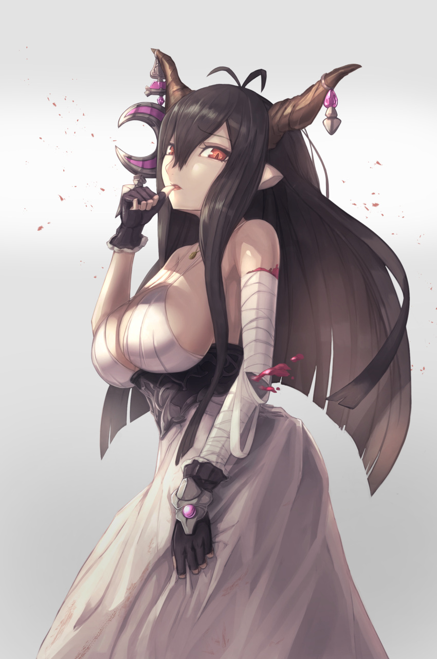 1girl announ_(kurotya) antenna_hair bandage bandaged_arm bare_shoulders biting black_gloves black_hair breasts cleavage crescent danua dress fingerless_gloves gloves granblue_fantasy grey_background hair_between_eyes highres horn_ornament horns jewelry large_breasts lips long_hair looking_at_viewer necklace parted_lips pendant red_eyes simple_background skirt_hold sleeveless sleeveless_dress solo standing straight_hair strap_gap thumb_biting thumb_to_mouth tsurime underbust very_long_hair white_dress wrist_guards