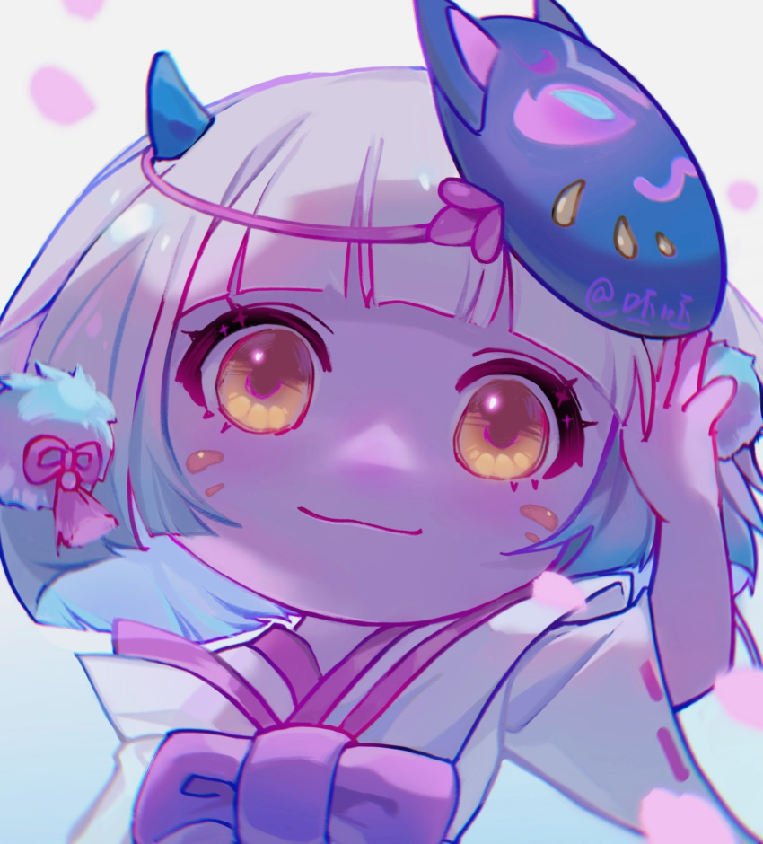1girl bai_ling_shi_pei_pei bangs bow brown_eyes closed_mouth colored_skin green_hair grey_hair hair_ornament hand_up highres horns league_of_legends looking_at_viewer mask mask_on_head medium_hair petals pink_skin shiny shiny_hair simple_background smile solo spirit_blossom_tristana tristana white_background wide_sleeves yordle