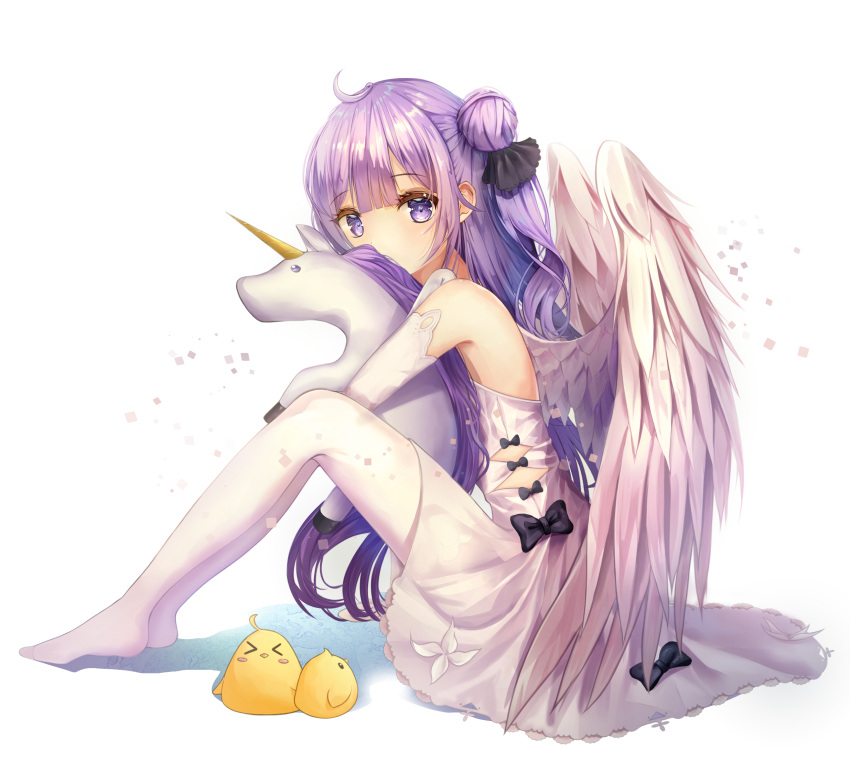 &gt;_&lt; 1girl angel_wings azur_lane bangs bare_shoulders bird black_bow black_ribbon blush blush_stickers bow chick closed_eyes commentary_request covered_mouth dress eyebrows_visible_through_hair feathered_wings from_side hair_between_eyes hair_bun hair_ribbon highres long_hair looking_at_viewer looking_to_the_side neiless_neiro no_shoes object_hug one_side_up pantyhose purple_hair ribbon side_bun sidelocks sitting solo stuffed_animal stuffed_pegasus stuffed_toy stuffed_unicorn unicorn_(azur_lane) very_long_hair violet_eyes white_background white_dress white_legwear white_wings wings