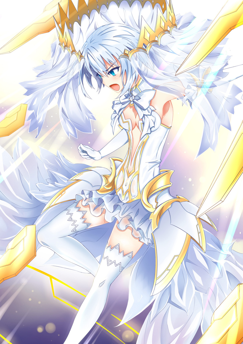 &gt;_o 1girl absurdres angry armpits bare_shoulders blue_eyes breasts cleavage cleavage_cutout commentary commentary_request crown date_a_live detached_collar dress elbow_gloves flying from_side gloves highres light_rays looking_to_the_side one_eye_closed open_mouth short_hair silver_hair small_breasts solo thigh-highs tobiichi_origami veil white_dress white_gloves white_legwear