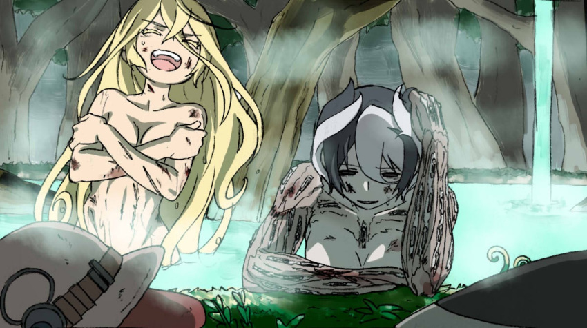 2girls :d ahoge bathing black_eyes black_hair blonde_hair closed_eyes commentary_request covering covering_breasts deep_wound grass hair_between_eyes hat hat_removed headwear_removed injury jitome laughing long_hair lyza made_in_abyss mi_(pic52pic) multicolored_hair multiple_girls navel nude onsen open_mouth outdoors ozen partially_submerged scar smile standing tree two-tone_hair very_long_hair water waterfall white_hair