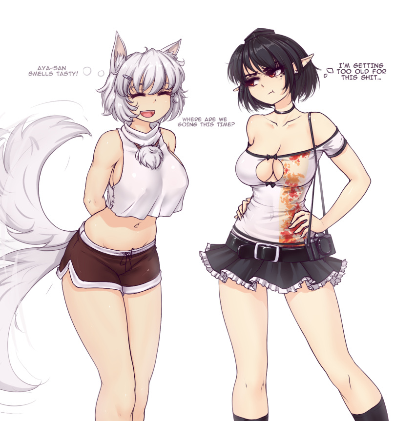 2girls :t animal_ears bare_legs bare_shoulders belt black_hair black_hat black_legwear black_skirt breasts camera cleavage cleavage_cutout closed_eyes collarbone crop_top crop_top_overhang english gym_shorts hair_ornament hairclip hands_on_hips hat hater_(hatater) highres inubashiri_momiji large_breasts leaning_forward midriff miniskirt multiple_girls navel pointy_ears pom_pom_(clothes) pout red_eyes shameimaru_aya short_hair shorts simple_background skirt smile standing tail tail_wagging tokin_hat touhou turtleneck white_background white_hair wolf_ears wolf_tail