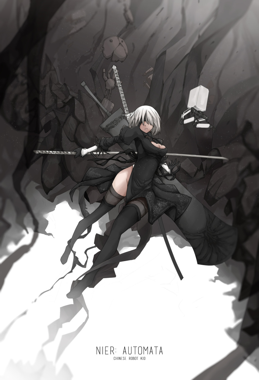 bandage bandages_over_eyes black_dress black_gloves black_legwear boots breasts chinese_robot_kid cleavage dress gloves highres nier_(series) nier_automata robot sword thigh-highs thigh_boots thighs weapon white_hair white_sleeves yorha_no._2_type_b