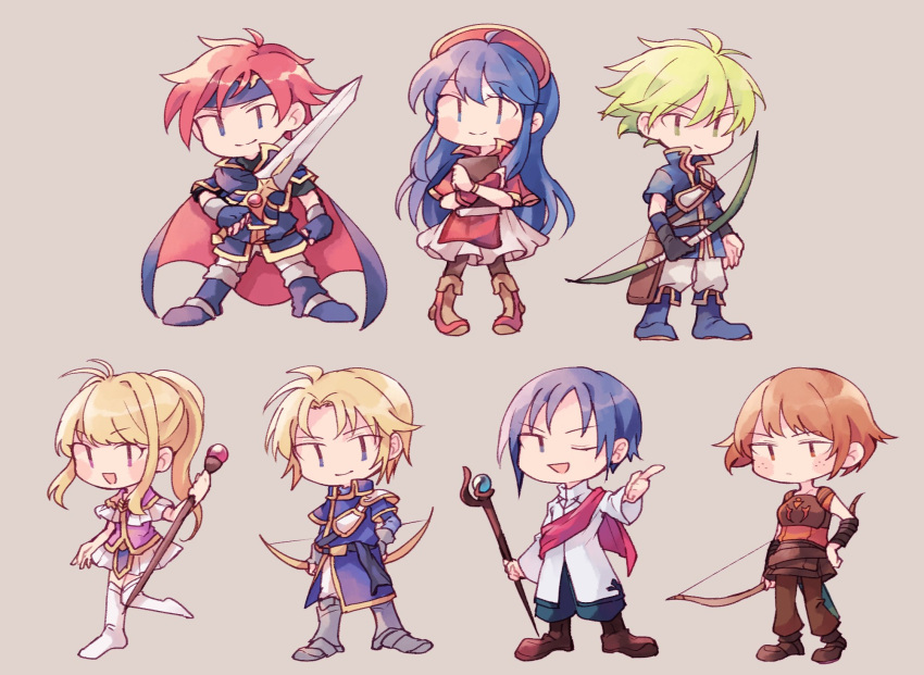 3girls 4boys armor blue_eyes blue_hair blush chibi clarine couple dorothy_(fire_emblem) dress fire_emblem fire_emblem:_fuuin_no_tsurugi fire_emblem_heroes hat highres jewelry klein_(fire_emblem) lilina long_hair multiple_boys multiple_girls open_mouth redhead roy_(fire_emblem) saul_(fire_emblem) short_hair simple_background sisuko1016 smile wolt