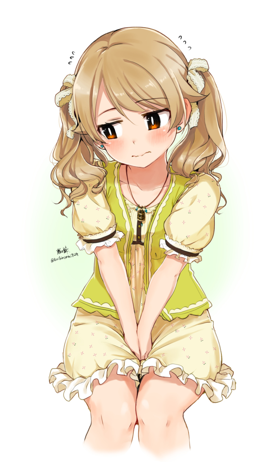 1girl alternate_hairstyle between_legs blush brown_eyes collarbone commentary_request cropped_legs dress earrings eyebrows_visible_through_hair fidgeting floral_print frilled_dress frilled_sleeves frills hair_ribbon hand_between_legs highres idolmaster idolmaster_cinderella_girls jewelry kirikirimai_(kkm) light_brown_hair looking_away looking_to_the_side morikubo_nono necklace ribbon short_sleeves signature simple_background sitting solo stud_earrings twintails twitter_username v_arms wavy_mouth