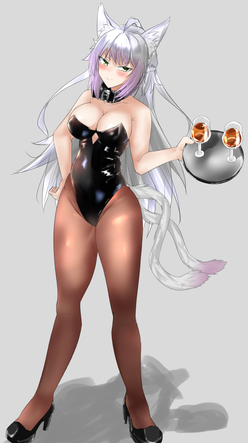 1girl absurdres animal_ears atalanta_(alter)_(fate) atalanta_(fate) black_leotard brown_legwear cat_ears cat_tail collar cup drinking_glass fate/apocrypha fate/grand_order fate_(series) full_body green_eyes grey_background highres juniks leotard long_hair looking_at_viewer multiple_tails pantyhose playboy_bunny_leotard shadow silver_hair simple_background solo standing strapless strapless_leotard tail tray two_tails wine_glass
