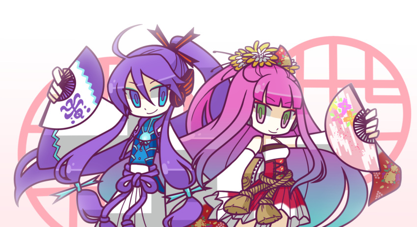 1boy 1girl blue_eyes bright_pupils chibi closed_mouth detached_sleeves fan folding_fan gradient_hair green_eyes halter_top halterneck headphones japanese_clothes kamui_gakupo kobushi_kiku long_hair looking_at_viewer multicolored_hair purple_hair smile trait_connection vocaloid vy1