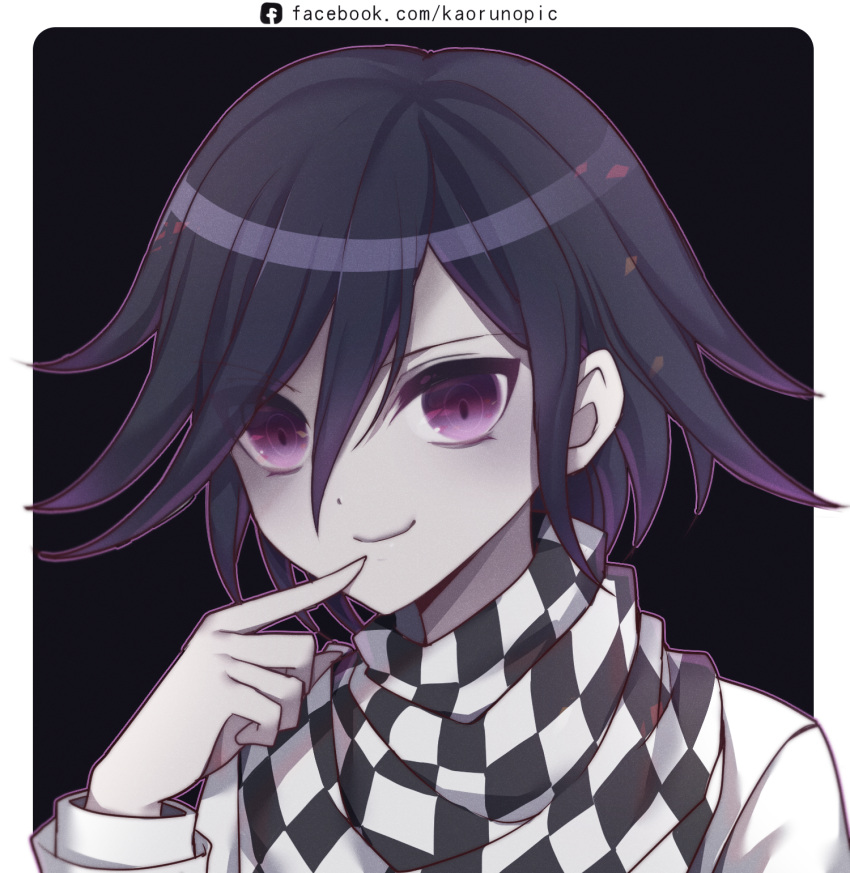 1boy atobesakunolove black_background checkered checkered_scarf closed_mouth commentary_request dangan_ronpa facebook_username finger_to_mouth hair_between_eyes highres long_sleeves looking_at_viewer new_dangan_ronpa_v3 ouma_kokichi purple_hair ringed_eyes scarf shirt simple_background smile solo violet_eyes watermark web_address white_shirt
