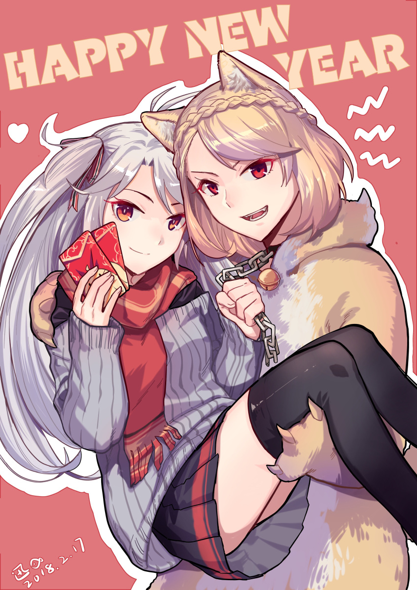 2girls absurdres animal_costume animal_ears azur_lane bear_costume bell bell_collar black_legwear blonde_hair blouse braid carrying cat_ears chains collar commentary_request dated envelope french_braid gift grey_hair hair_ornament hair_ribbon highres holding long_hair looking_at_viewer multiple_girls new_year orange_eyes pleated_skirt prince_of_wales_(azur_lane) princess_carry prinz_eugen_(azur_lane) red_eyes ribbon scarf short_hair signature simple_background skirt smile tareme teeth thigh-highs xun_yu_(1184527191) zettai_ryouiki