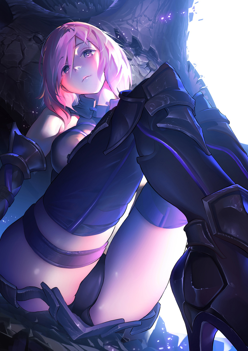1girl armor armored_dress bare_shoulders black_legwear boots eyebrows_visible_through_hair fate/grand_order fate_(series) hair_over_one_eye high_heel_boots high_heels highres looking_at_viewer mash_kyrielight nene_(taiwan) pink_eyes pink_hair short_hair sitting solo thigh-highs thigh_strap