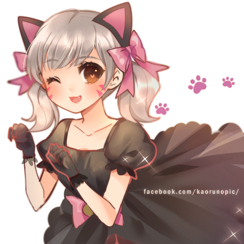 1girl :d animal_ears atobesakunolove black_cat_d.va black_dress black_gloves blush bow brown_eyes cat_ears commentary_request d.va_(overwatch) dress eyebrows_visible_through_hair facebook_username fang gloves grey_hair hair_bow heart heart-shaped_pupils highres looking_at_viewer one_eye_closed open_mouth overwatch paw_print pink_bow puffy_short_sleeves puffy_sleeves short_sleeves smile solo symbol-shaped_pupils twintails upper_body watermark web_address
