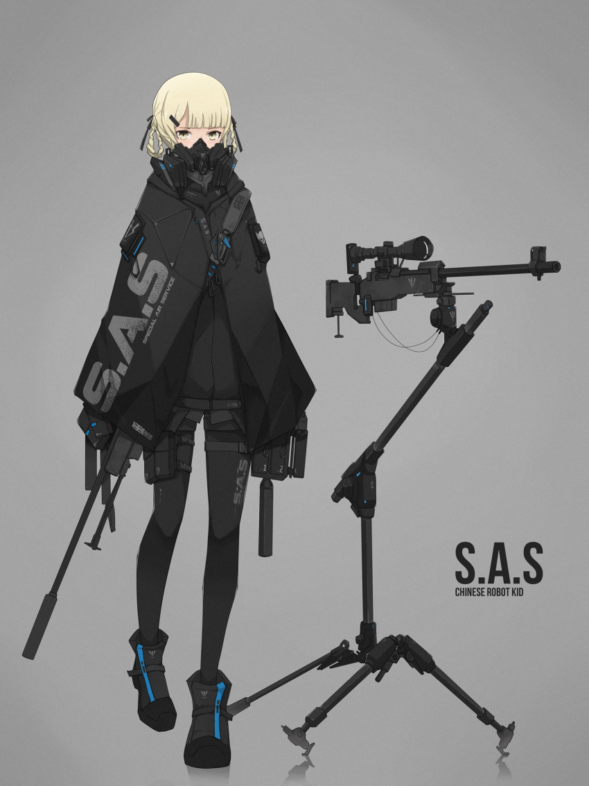 1girl black_footwear black_jacket black_legwear blonde_hair chinese_robot_kid grey_background gun half_mask highres jacket mask military military_jacket military_uniform original pantyhose raincoat rifle short_hair sniper_rifle thigh_strap uniform union_jack weapon yellow_eyes