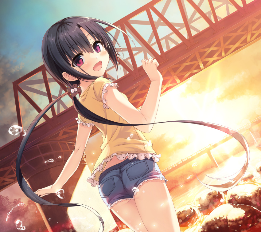 1girl :d absurdres ass bangs black_hair blue_shorts blue_sky blush bridge clouds cura denim denim_shorts dutch_angle enty_reward eyebrows_visible_through_hair from_behind hair_between_eyes hand_up hayase_fukami highres long_hair looking_at_viewer looking_back low_twintails maitetsu open_mouth outdoors paid_reward polka_dot river rock shirt short_shorts short_sleeves shorts sky smile solo sunset twintails very_long_hair violet_eyes water water_drop yellow_shirt